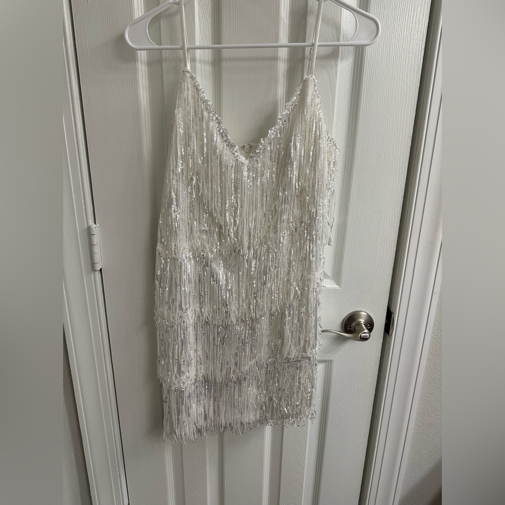Altar’d state white & silver sequin fringe mini dress